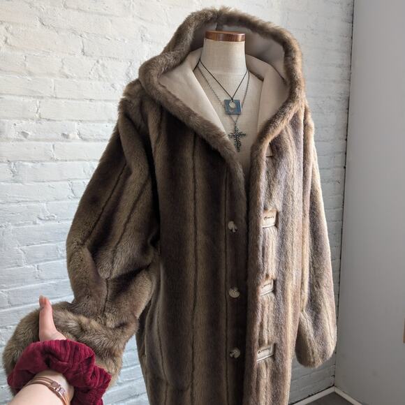 Vintage Brown Faux Fur Coat Vegan Suede Reversible Plush Cozy Trench Jacket - Picture 8 of 11